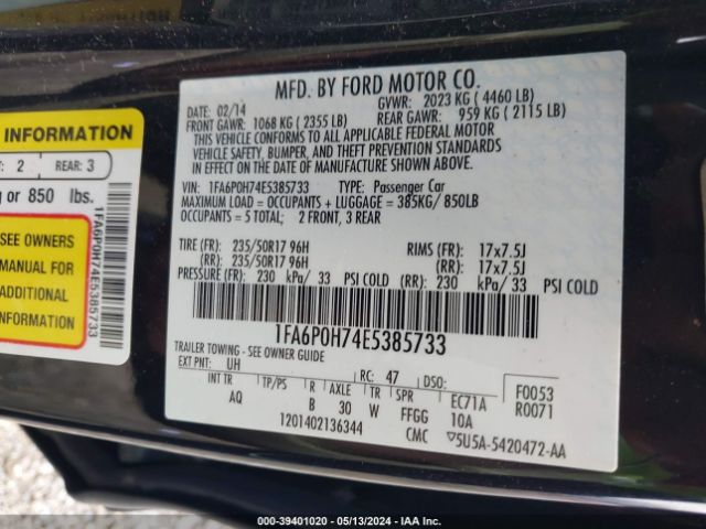 Photo 8 VIN: 1FA6P0H74E5385733 - FORD FUSION 