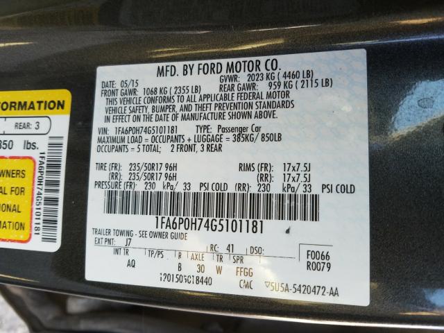 Photo 9 VIN: 1FA6P0H74G5101181 - FORD FUSION 