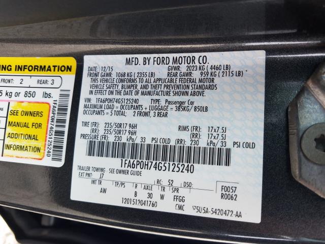 Photo 9 VIN: 1FA6P0H74G5125240 - FORD FUSION SE 