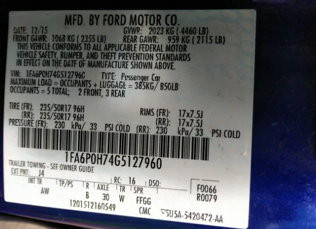 Photo 8 VIN: 1FA6P0H74G5127960 - FORD FUSION 