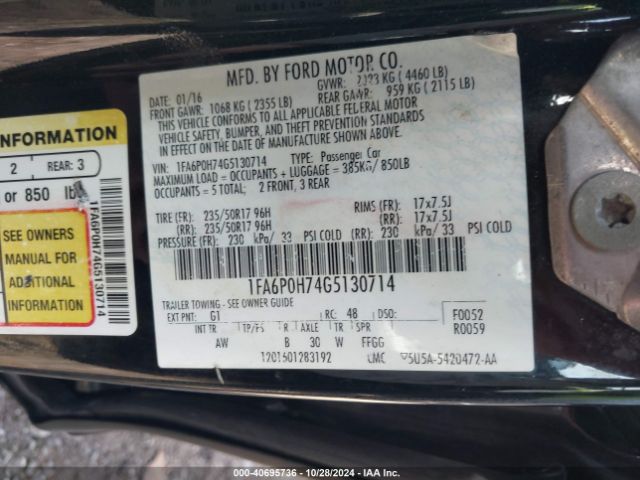 Photo 8 VIN: 1FA6P0H74G5130714 - FORD FUSION 