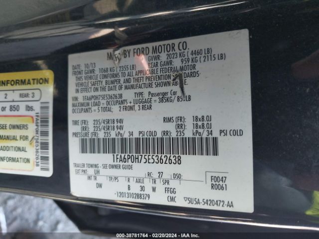 Photo 8 VIN: 1FA6P0H75E5362638 - FORD FUSION 