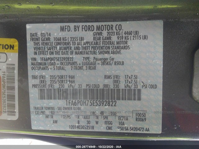 Photo 8 VIN: 1FA6P0H75E5392822 - FORD FUSION 