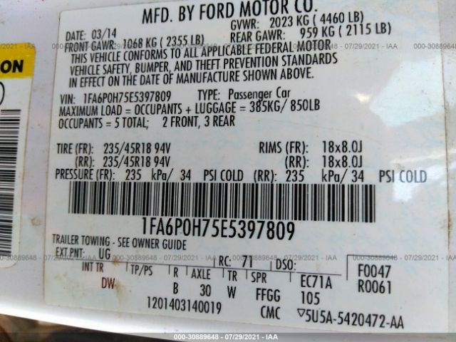 Photo 8 VIN: 1FA6P0H75E5397809 - FORD FUSION 