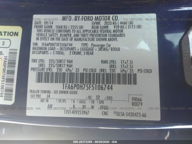 Photo 8 VIN: 1FA6P0H75F5106744 - FORD FUSION 