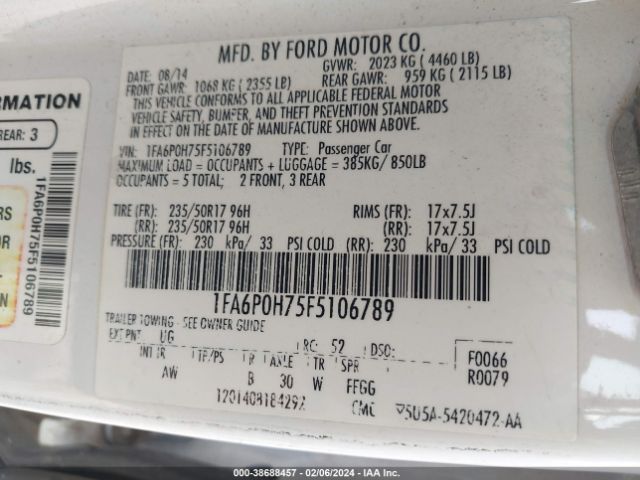 Photo 8 VIN: 1FA6P0H75F5106789 - FORD FUSION 