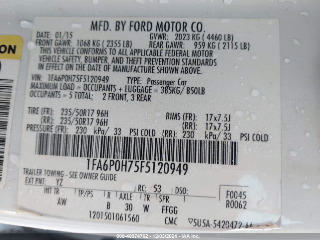 Photo 8 VIN: 1FA6P0H75F5120949 - FORD FUSION 