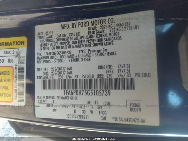 Photo 8 VIN: 1FA6P0H75G5105739 - FORD FUSION 