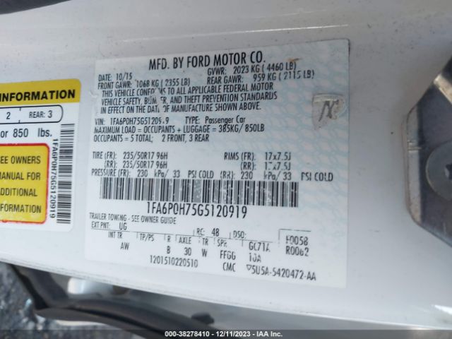 Photo 8 VIN: 1FA6P0H75G5120919 - FORD FUSION 