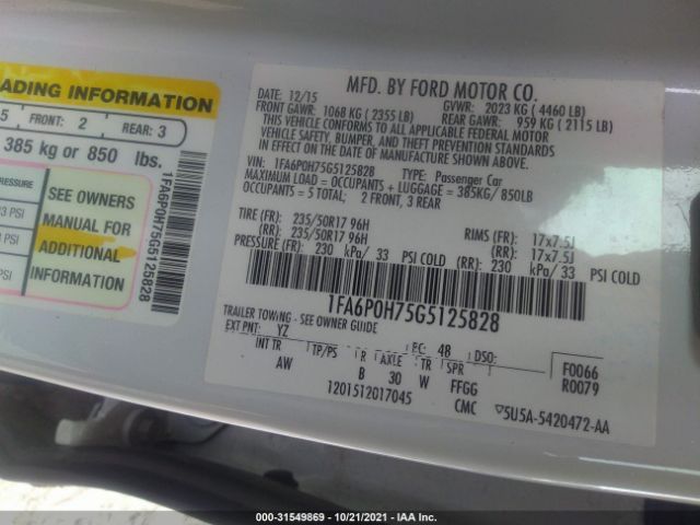 Photo 8 VIN: 1FA6P0H75G5125828 - FORD FUSION 