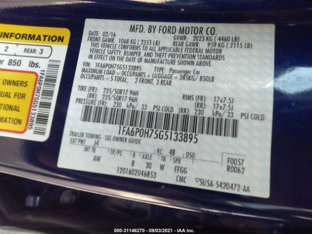 Photo 8 VIN: 1FA6P0H75G5133895 - FORD FUSION 