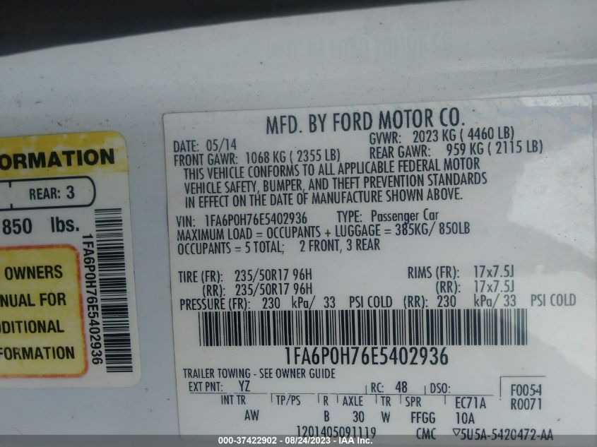 Photo 8 VIN: 1FA6P0H76E5402936 - FORD FUSION 