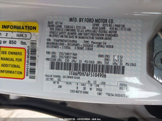 Photo 8 VIN: 1FA6P0H76F5104906 - FORD FUSION 