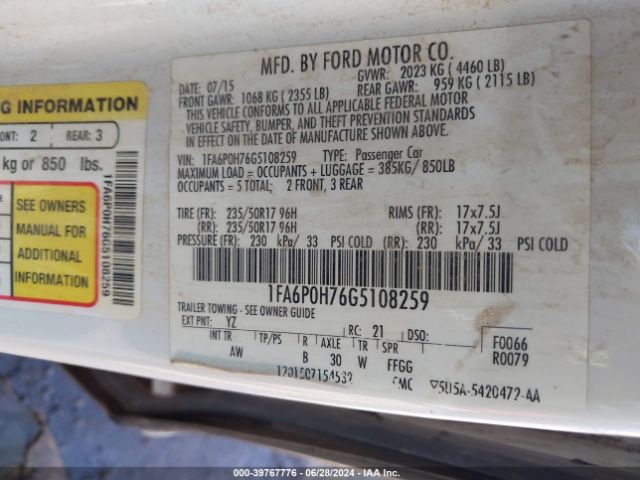 Photo 8 VIN: 1FA6P0H76G5108259 - FORD FUSION 