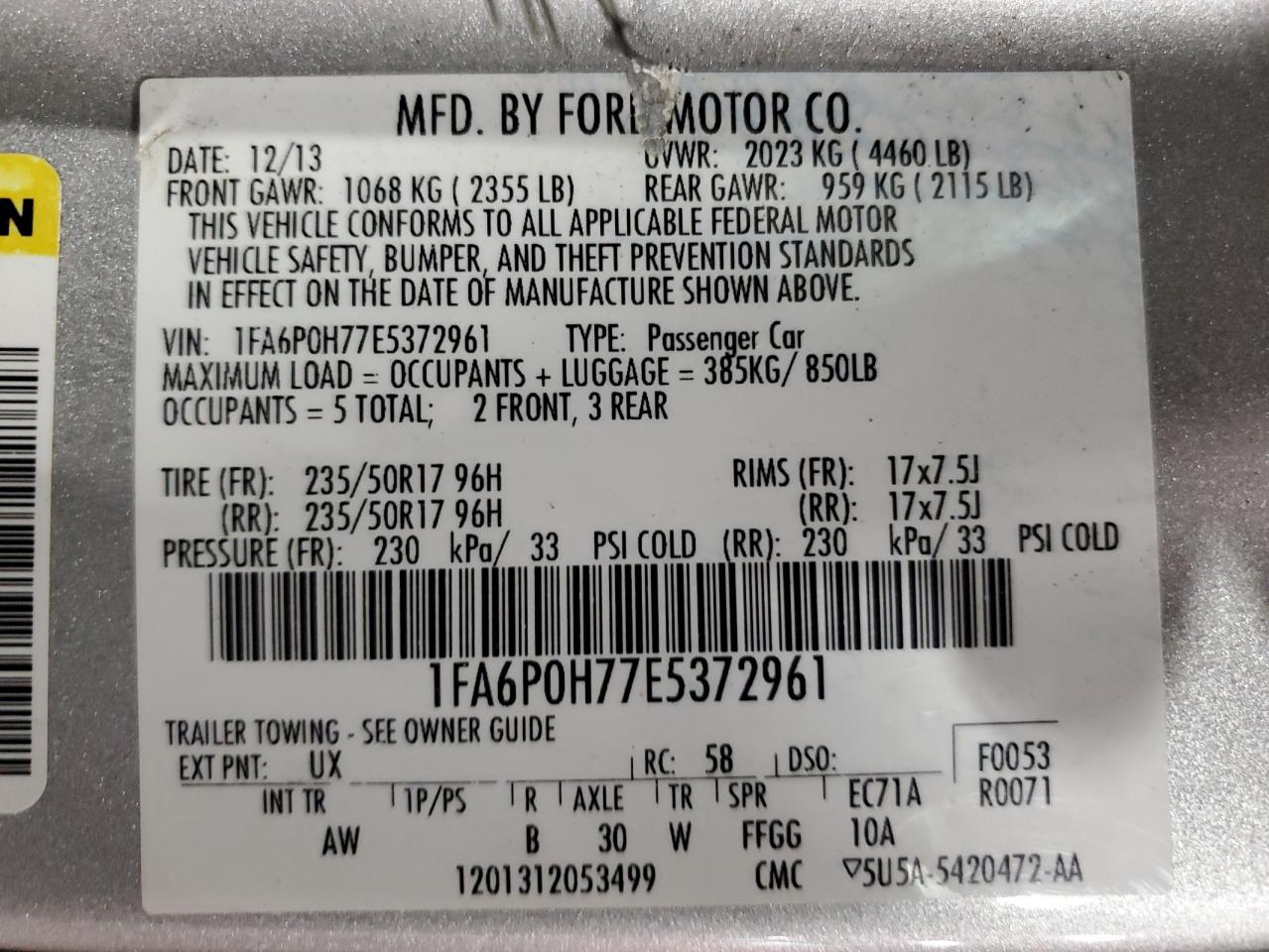 Photo 12 VIN: 1FA6P0H77E5372961 - FORD FUSION 