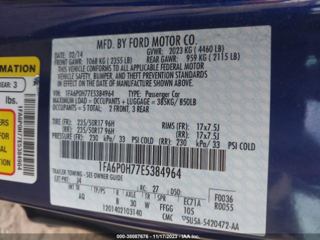 Photo 8 VIN: 1FA6P0H77E5384964 - FORD FUSION 