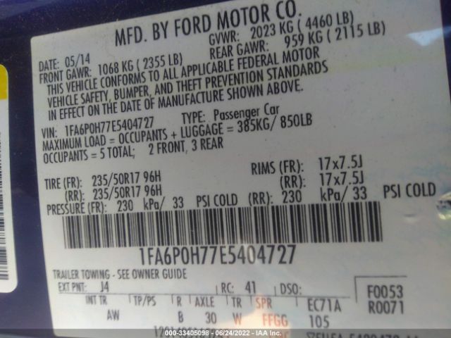 Photo 8 VIN: 1FA6P0H77E5404727 - FORD FUSION 