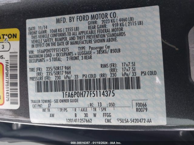 Photo 8 VIN: 1FA6P0H77F5114375 - FORD FUSION 