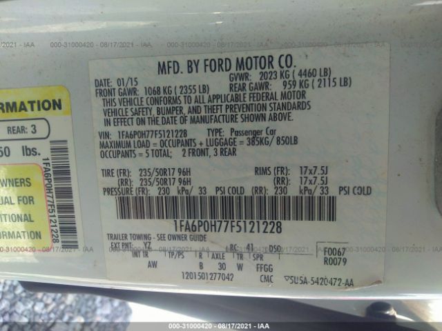 Photo 8 VIN: 1FA6P0H77F5121228 - FORD FUSION 