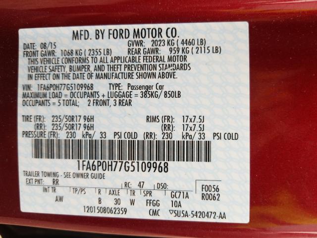 Photo 9 VIN: 1FA6P0H77G5109968 - FORD FUSION SE 