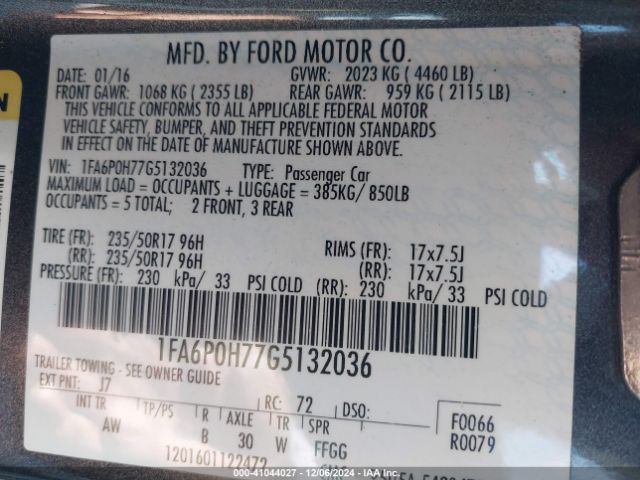 Photo 8 VIN: 1FA6P0H77G5132036 - FORD FUSION 