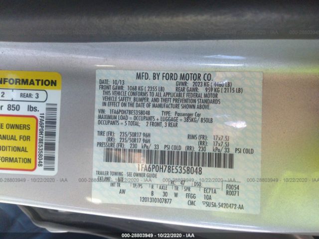 Photo 8 VIN: 1FA6P0H78E5358048 - FORD FUSION 