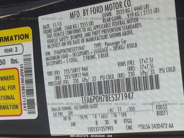 Photo 8 VIN: 1FA6P0H78E5371947 - FORD FUSION 