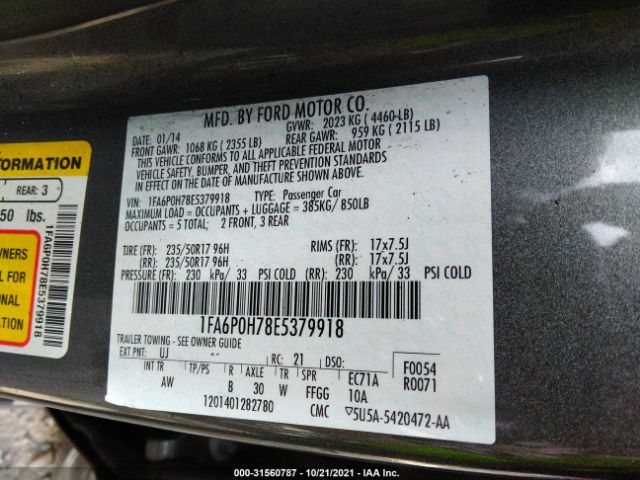 Photo 8 VIN: 1FA6P0H78E5379918 - FORD FUSION 