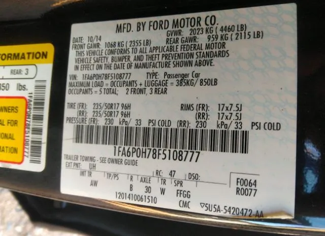 Photo 8 VIN: 1FA6P0H78F5108777 - FORD FUSION 