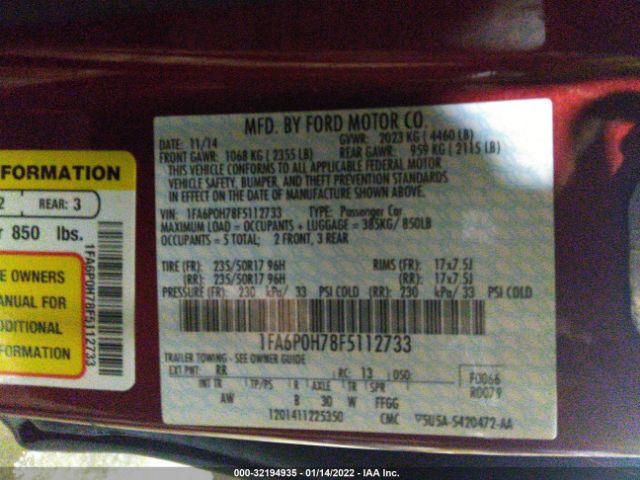 Photo 8 VIN: 1FA6P0H78F5112733 - FORD FUSION 