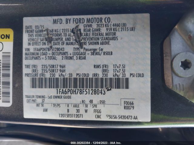 Photo 8 VIN: 1FA6P0H78F5128043 - FORD FUSION 