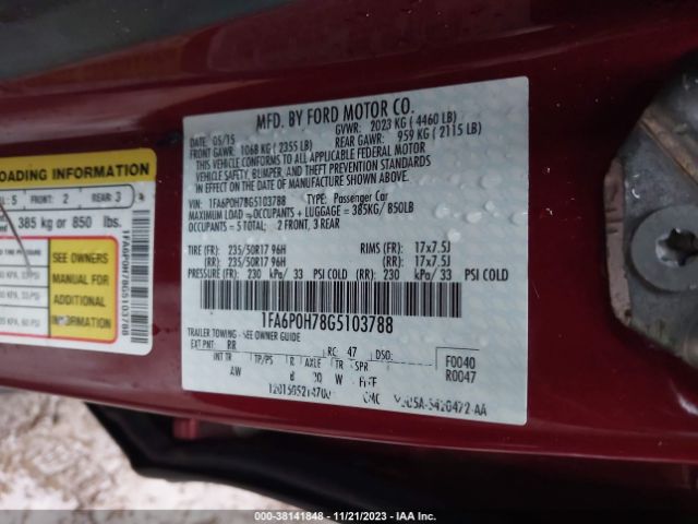 Photo 8 VIN: 1FA6P0H78G5103788 - FORD FUSION 