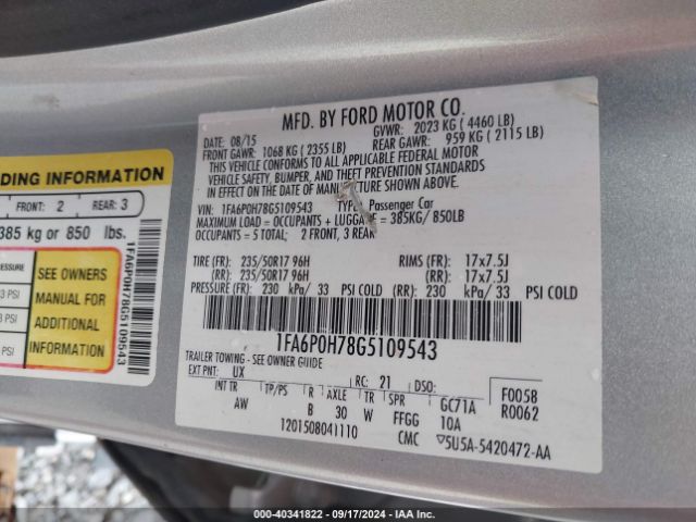 Photo 8 VIN: 1FA6P0H78G5109543 - FORD FUSION 