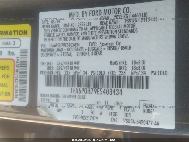 Photo 8 VIN: 1FA6P0H79E5403434 - FORD FUSION 