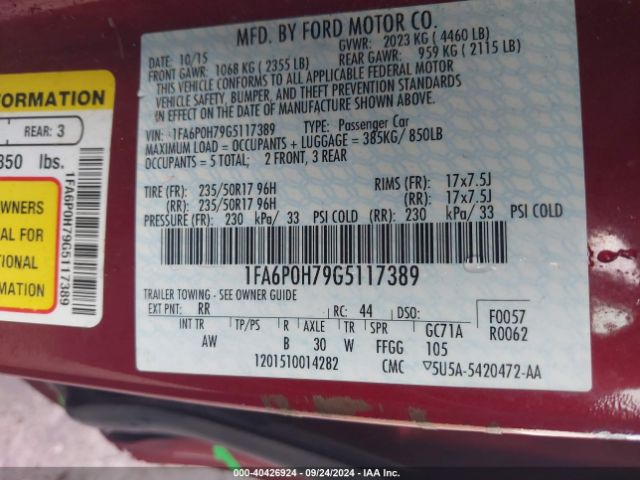 Photo 8 VIN: 1FA6P0H79G5117389 - FORD FUSION 