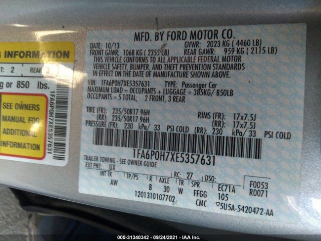 Photo 8 VIN: 1FA6P0H7XE5357631 - FORD FUSION 