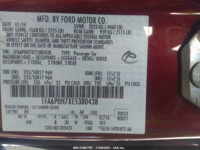 Photo 8 VIN: 1FA6P0H7XE5380438 - FORD FUSION 