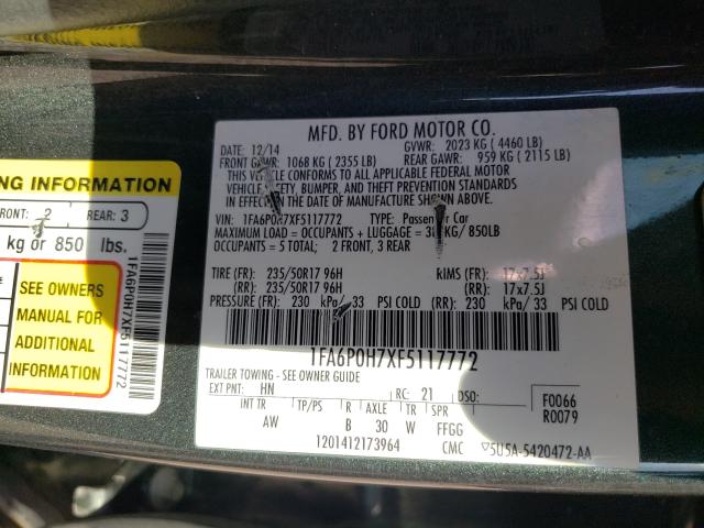 Photo 9 VIN: 1FA6P0H7XF5117772 - FORD FUSION SE 