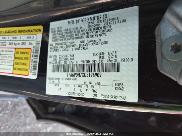 Photo 8 VIN: 1FA6P0H7XG5126909 - FORD FUSION 