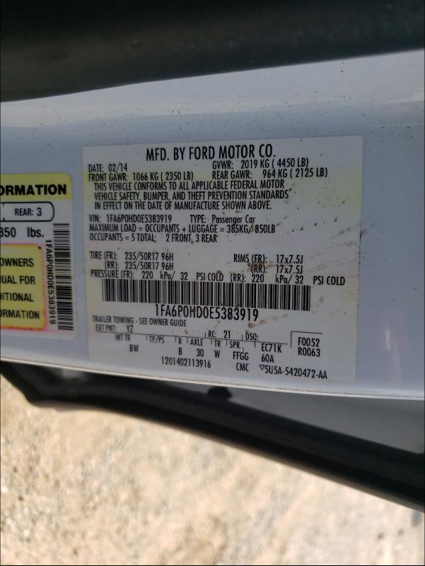 Photo 9 VIN: 1FA6P0HD0E5383919 - FORD FUSION SE 