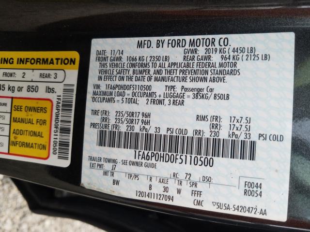 Photo 9 VIN: 1FA6P0HD0F5110500 - FORD FUSION SE 