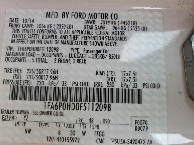 Photo 9 VIN: 1FA6P0HD0F5112098 - FORD FUSION SE 