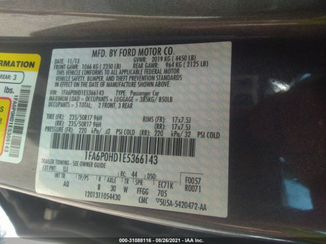 Photo 8 VIN: 1FA6P0HD1E5366143 - FORD FUSION 