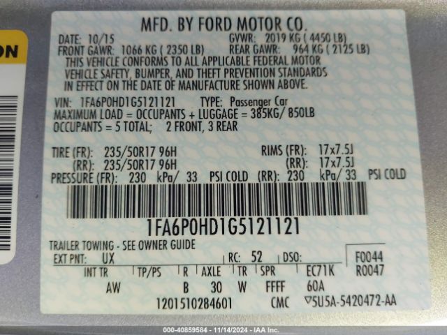 Photo 8 VIN: 1FA6P0HD1G5121121 - FORD FUSION 