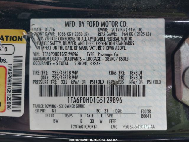 Photo 8 VIN: 1FA6P0HD1G5129896 - FORD FUSION 