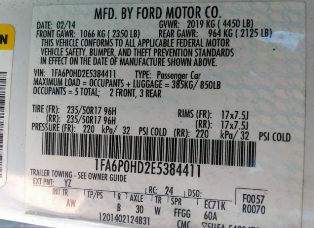 Photo 8 VIN: 1FA6P0HD2E5384411 - FORD FUSION 