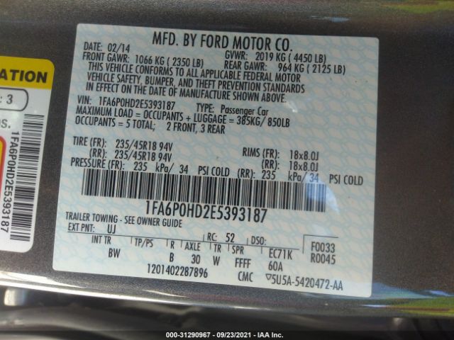 Photo 8 VIN: 1FA6P0HD2E5393187 - FORD FUSION 