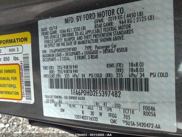 Photo 8 VIN: 1FA6P0HD2E5397482 - FORD FUSION 