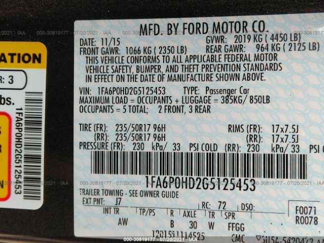 Photo 8 VIN: 1FA6P0HD2G5125453 - FORD FUSION 