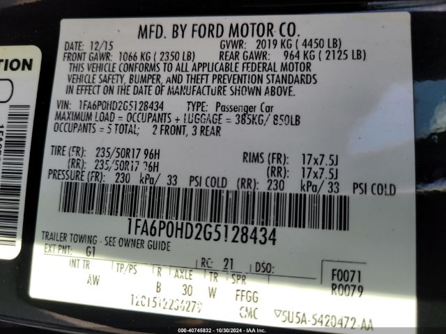 Photo 8 VIN: 1FA6P0HD2G5128434 - FORD FUSION 